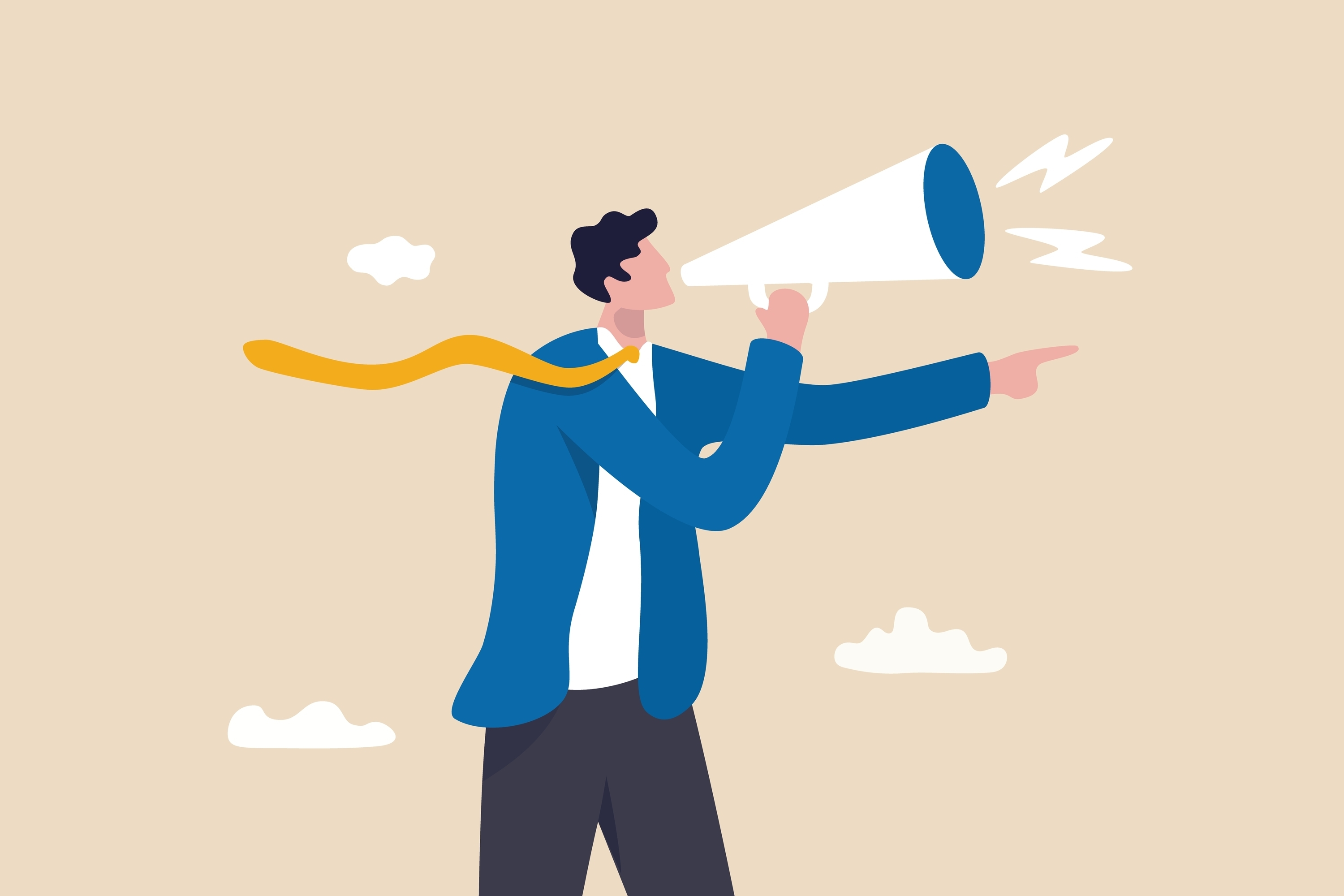 man yelling out an order through a megaphone